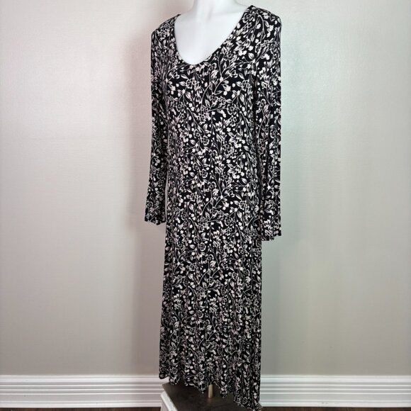 Old Navy Midi Dress Medium Black Cream Floral Long Sleeves Stretch - Picture 3 of 8